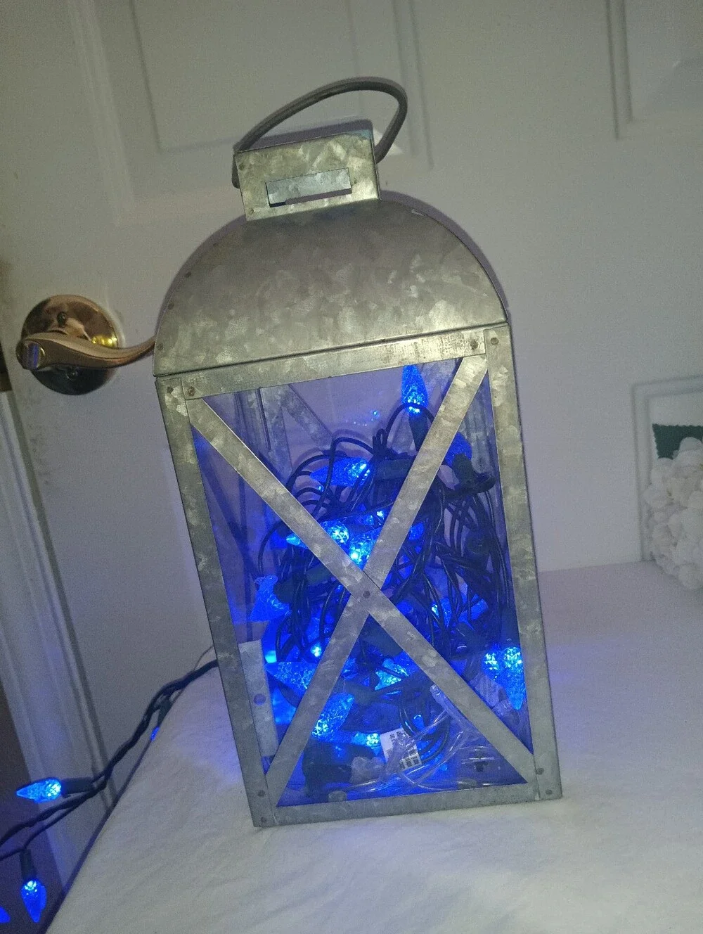 Galvanized Lantern With Blue Lights